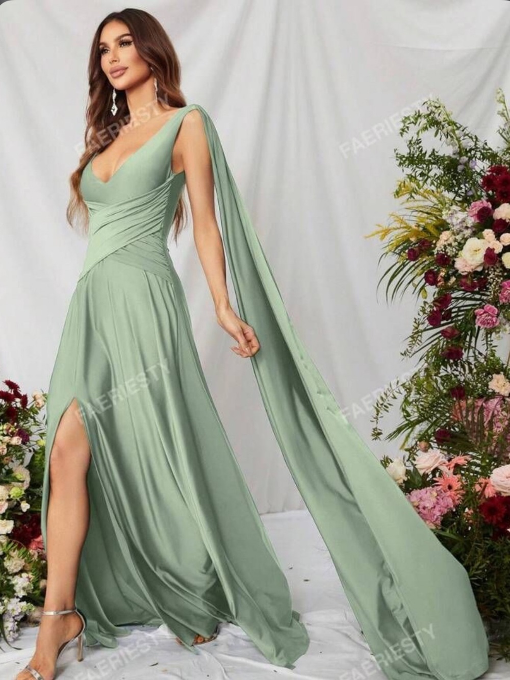 One-Shoulder Sage Green Evening Gown with Draped Cape